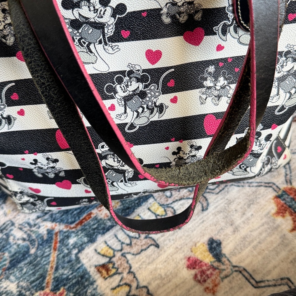 Dooney & Bourke Black & White Stripe Mickey Mouse Tote with Pink Hearts - Picture 9 of 10